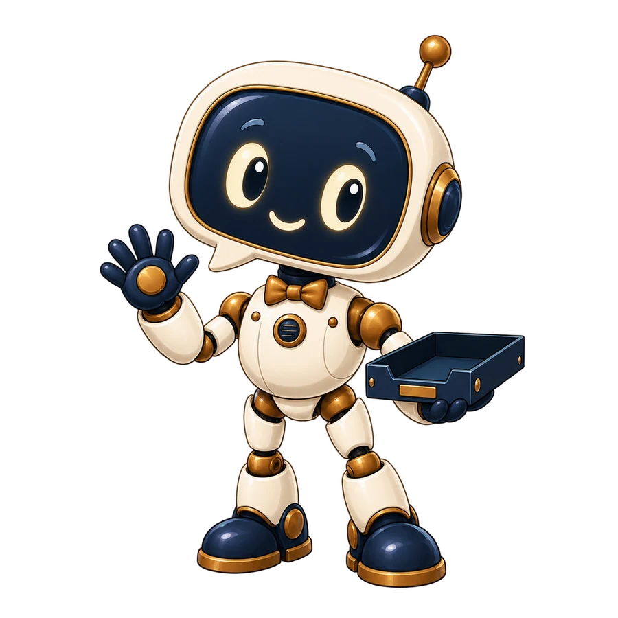 Jive, our ivory and brass robot mascot, waving hello